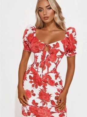 Fashion Nova Red Floral Mini Dress with Puff Sleeves